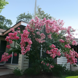 Prairie Lace Crape Myrtle with vibrant pink flowers in a garden setting.